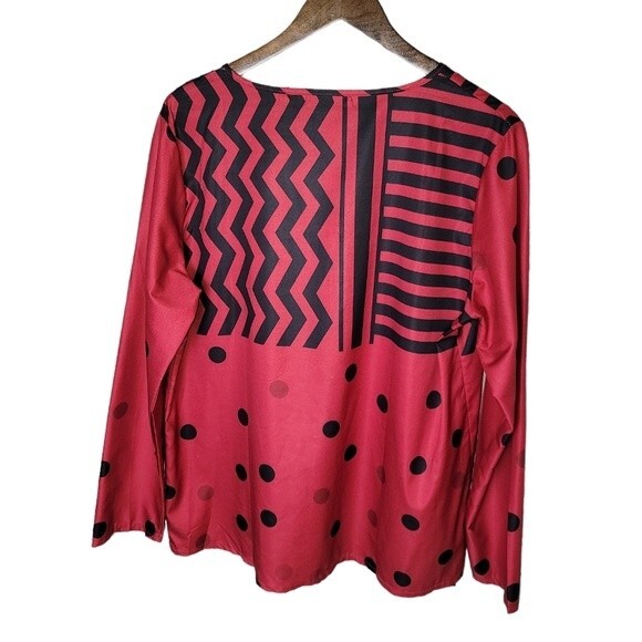 Miss Look Stunning Red with Black Geometric Design Button up Long Sleeve Blouse - Picture 2 of 13